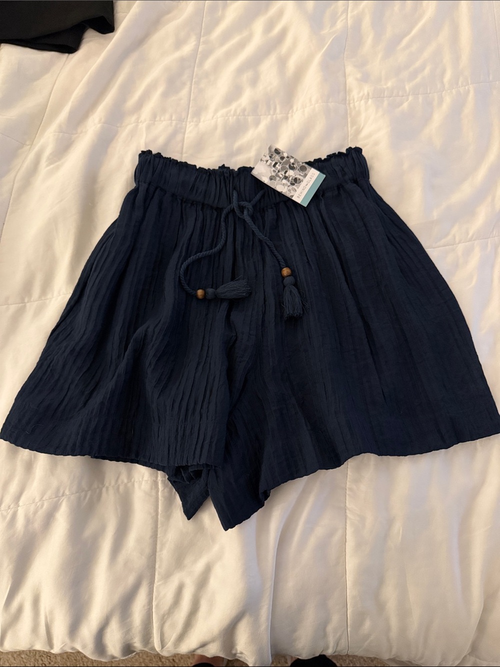 Olivaceous Navy High-Waist Crinkle Shorts with Tassel Drawstring